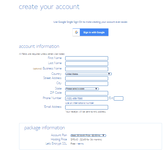 Account information bluehost