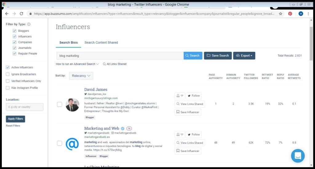 Buzzsumo Influencer search results